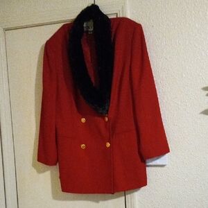 Elegant Red Double-Breasted Women's Suit  with a removeable Black fur Collar 20W